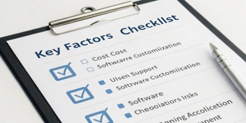 A checklist showing factors like cost, support, and customization for software selection.