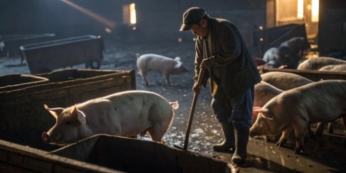 Causes of inaccurate pig counting A worker manually counting pigs in a dimly lit environment