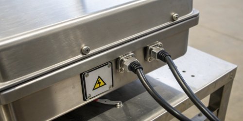 Closeup of the IP rating label on the back of an industrial weighing terminal.