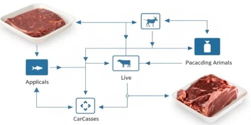 A flowchart showing the steps of meat traceability from live animal to packaged meat.