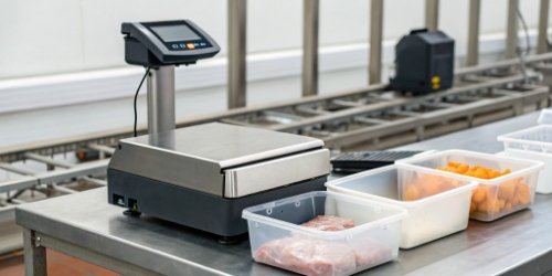 An arrangement of an industrial bench scale, a label printer, and an IoT gateway device.