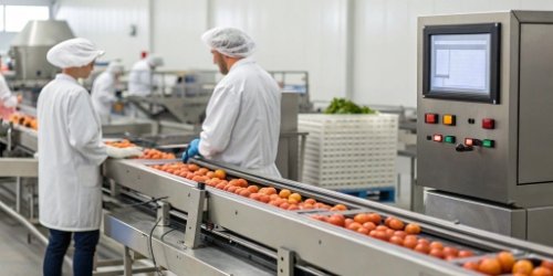 A modern food production line with an automated checkweigher and a control panel showing real-time data analytics.