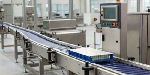 Advanced Checkweigher with Feedback Loop An advanced checkweigher with a digital interface showing a feedback loop control diagram
