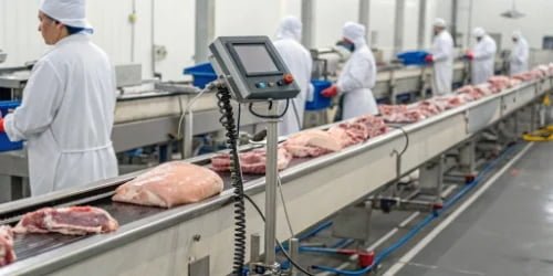 An automated weighing system on a slaughterhouse production line