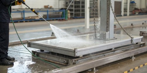 Washdown-Proof Industrial Scale An industrial scale being hosed down with a high-pressure water jet