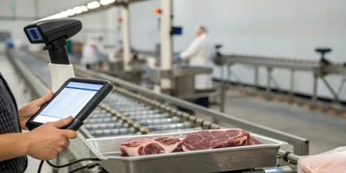 An array of modern traceability technology: an RFID tag, a barcode scanner, an industrial scale, and a tablet showing data.