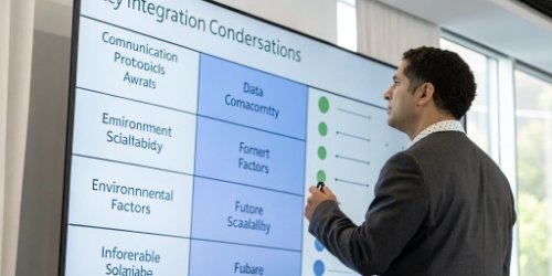 Key Integration Considerations Chart showing key integration considerations: protocol, data format, environment