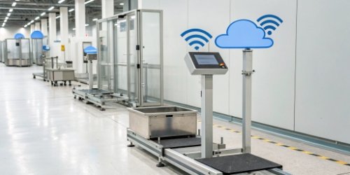 An illustration of a weighing station with Wi-Fi symbols connecting the scale to the cloud and a tablet.