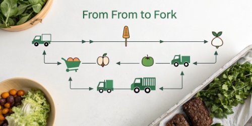 Supply Chain Checkpoints A flowchart graphic showing the journey of food from farm to fork with scale icons at each key checkpoint.