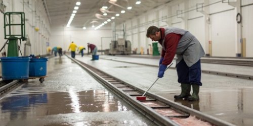Preventative Maintenance for Weighing Scales A worker cleaning a slaughterhouse track scale as part of regular maintenance