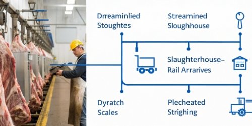 Technology-Driven Slaughterhouse Workflow A flowchart showing a streamlined slaughterhouse workflow powered by technology, from livestock arrival to dispatch.
