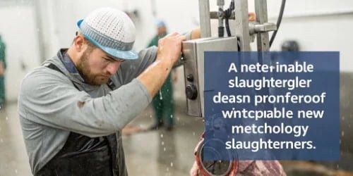 A worker in a slaughterhouse looking frustrated with a piece of complicated equipment.