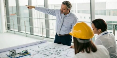 A project manager pointing to a blueprint of a production line