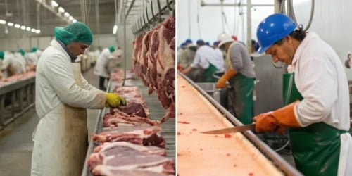 Step-by-Step Production Method An assembly line with two distinct stages: slaughtering and cutting