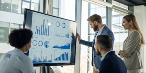 A sales team reviewing a dashboard showing profitable customers and products
