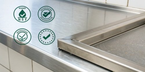 A close-up of a product showing certification marks like CE, RoHS, and NSF on a stainless steel surface.