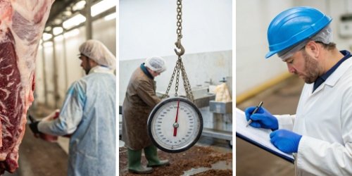 Core Scale Requirements for Slaughterhouses A collage showing a weight reading, a scale in a tough setting, and a hygiene certificate