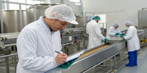 A quality inspector with a clipboard checking equipment in a food processing facility.