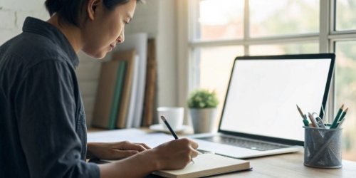 A person at a desk following a step-by-step guide to make a decision.