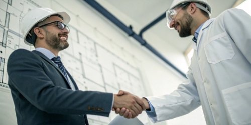 A symbolic image of a handshake between a software expert and a hardware engineer over a blueprint.