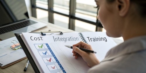 A person looking at a checklist with items like "Cost," "Integration," and "Training" on it.