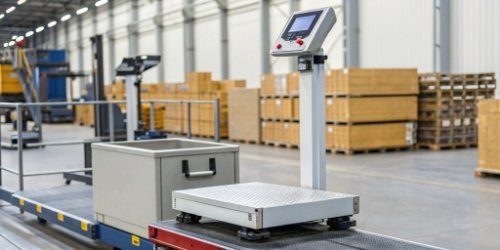 A barcode scanner being used to identify a container at a weighing station
