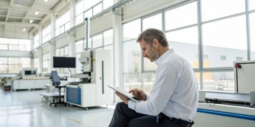 Optimizing Slaughterhouse Profitability A manager reviewing profit and loss reports on a tablet in a modern facility