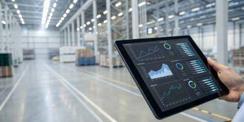 IoT and AI in Produce Sorting A futuristic dashboard on a tablet showing data flowing from a sorting line to the cloud