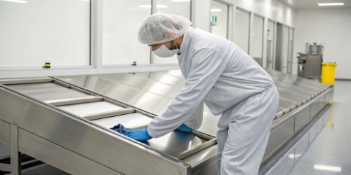 A worker easily wiping down a smooth, stainless steel weighing terminal in a cleanroom.