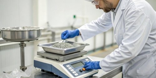 A quality control inspector calibrating an industrial scale with certified weights.