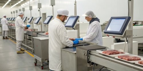 A modern meat cutting workshop with weighing stations and computer monitors displaying data
