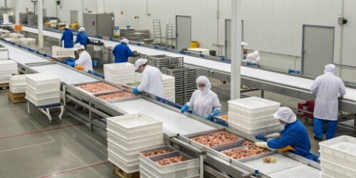 A busy food processing facility with workers handling frozen goods near industrial scales.