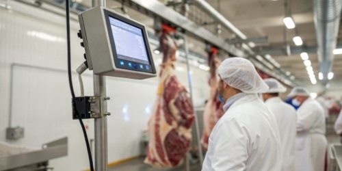 A smart scale in a slaughterhouse showing weight data on a screen