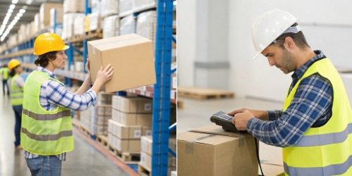 Counting vs. Scanning for Frozen Goods Dispatch A split image showing workers counting boxes on one side and scanning a product on a scale on the other