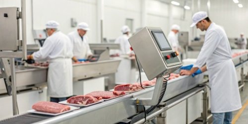 Integrated Meat Weighing System A modern meat processing facility with integrated weighing scales and barcode scanners