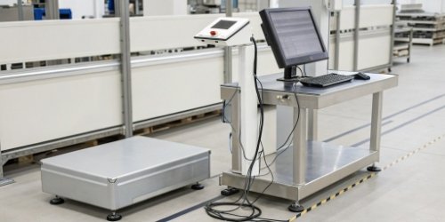 A modern computerized weighing station with a scale, computer, and barcode scanner.