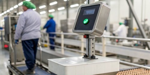Order Deviation Control with Smart Scales An industrial weighing scale showing a green checkmark indicating the weight is within the acceptable order deviation range.