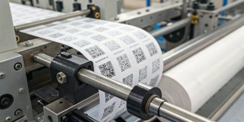 A close-up of a high-quality, custom-designed segment label with a clear QR code being printed by an industrial labeling machine.