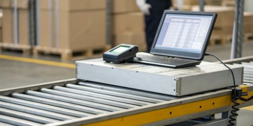 Integrated Barcode Scanning and Weighing System An industrial scale with a barcode scanner and a computer screen showing data