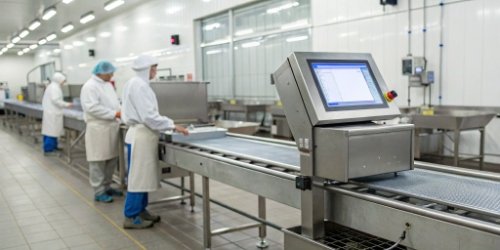 A modern industrial weighing scale connected to a computer system in a clean meat processing facility.