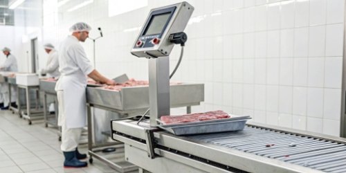 Barcode Scanning and Weighing for White Meat A modern industrial weighing scale with a barcode scanner in a clean meat processing facility.