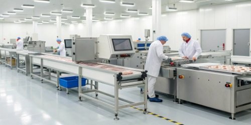 A modern industrial cutting and weighing system in a clean factory environment