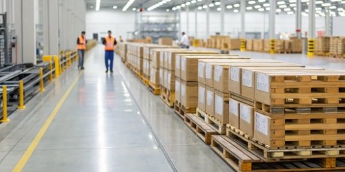 Visual representation of a smart warehouse with coded pallets