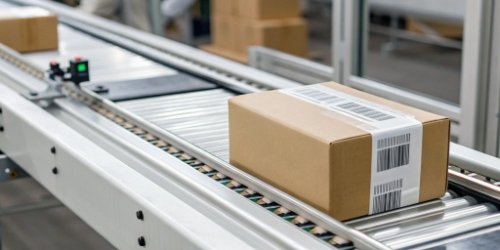 Barcode Scanning on Conveyor Belt Close-up of a barcode being scanned on a fresh product package moving on a conveyor