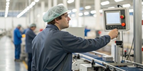 An operator on a production line adjusting a product portion on a scale with a red 'out-of-tolerance' alert on the screen.
