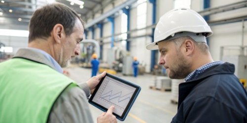 Developing a Control Plan for Order Deviations A manager and a factory worker looking at a tablet showing a production control plan with deviation metrics.