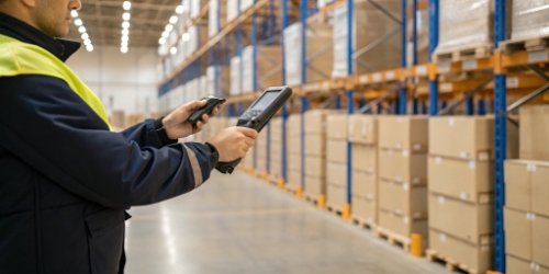 A worker using a handheld device to scan a pallet in a warehouse, with an interface showing the assigned storage location.