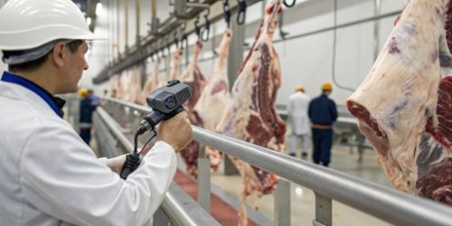 Scan-and-Weigh Process Operator scanning a barcode on a meat carcass hanging on a rail scale