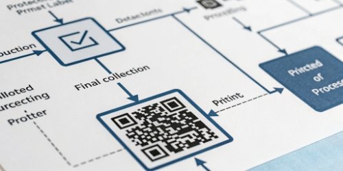 An infographic showing the flow from raw data inputs to a final printed label with a QR code.