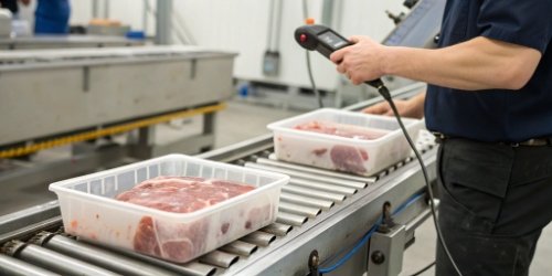 A worker scans a barcode on a container of meat by-products resting on an industrial floor scale.